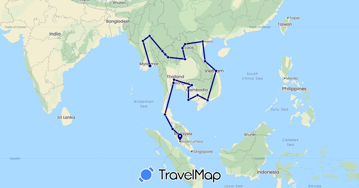 TravelMap itinerary: driving in Cambodia, Laos, Myanmar (Burma), Malaysia, Thailand, Vietnam (Asia)