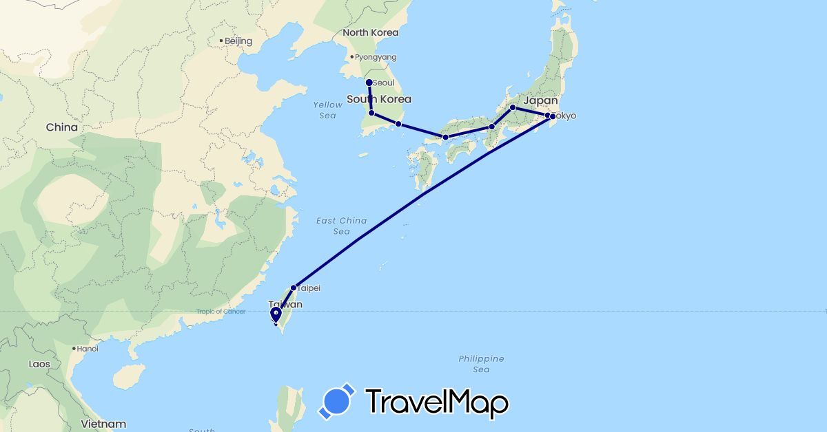 TravelMap itinerary: driving in Japan, South Korea, Taiwan (Asia)